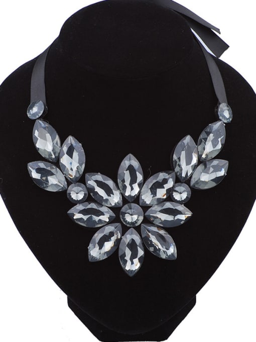 grey Exaggerated Marquise Resin Flower Black Ribbon Necklace