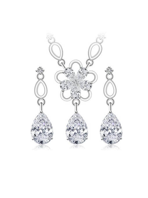 White Copper Alloy White Gold Plated Fashion Water Drop and Flower-shaped Two Pieces Zircon Jewelry Set