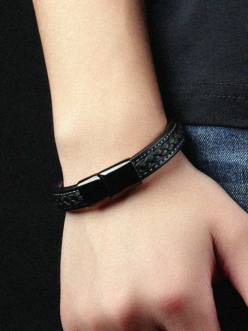 Open Sky Simple Black Artificial Leather Titanium Bracelet 1