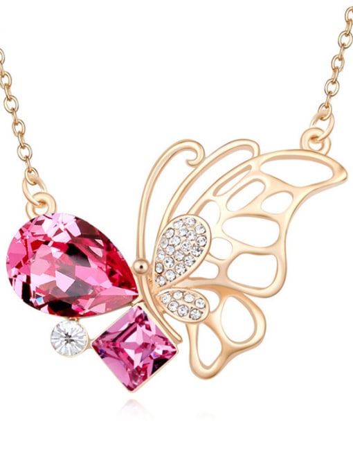 pink Fashion Champagne Gold Hollow Butterfly austrian Crystals Alloy Necklace