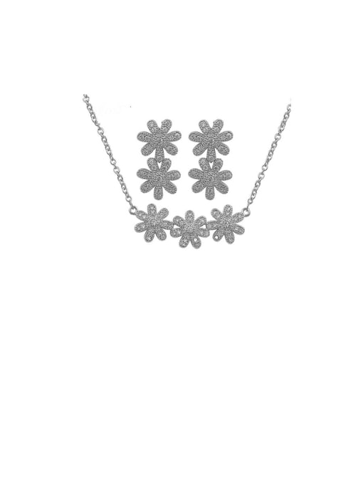 Platinum Copper With Cubic Zirconia  Delicate Flower Earrings And Necklaces 2 Piece Jewelry Set