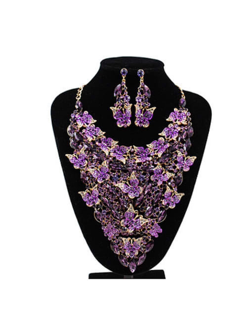 Purple Butterflies Glass Rhinestones Two Pieces Jewelry Set