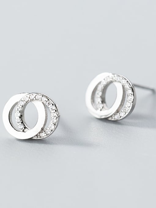 white Simply Style Double Round Shaped Tiny Rhinestone Silver Stud Earrings