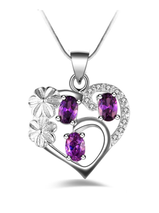 Purple Fashion Hollow Heart Flowers Zirconias Pendant Copper Necklace