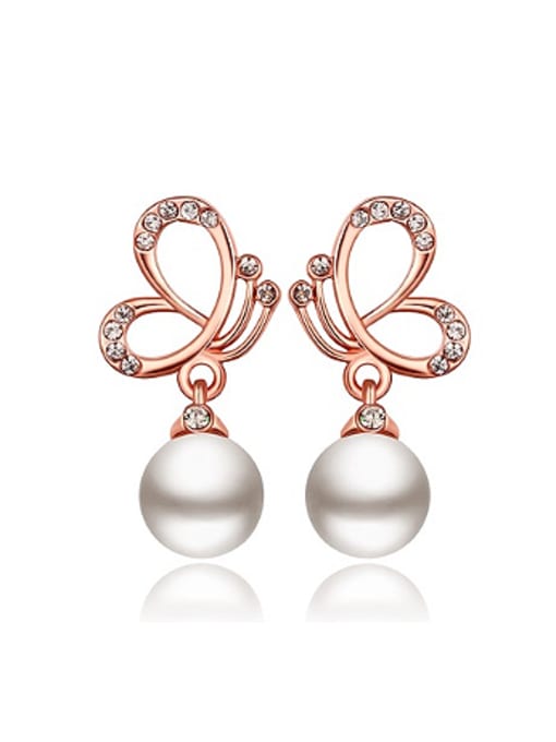 Rose Gold Fashion Butterfly Artificial Pearl Stud Earrings