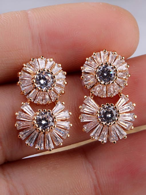 Qing Xing Sterling Silver Ear Needle Champagne Gold Plated Anti-allergic Double Circle Zircon stud Earring 3