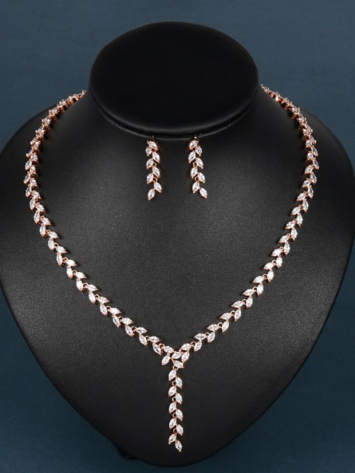 rose Copper With Cubic Zirconia  Simplistic Leaf  Earrings And Necklaces 2 Piece Jewelry Set
