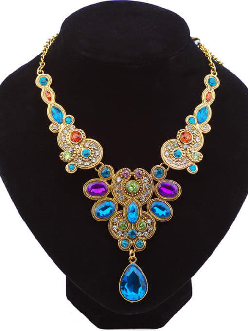 Qunqiu Exaggerated Colorful Stones Gold Plated Alloy Necklace 0