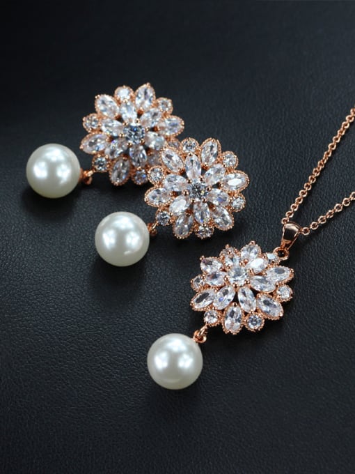 Rose Gold Zircon Flower Pearl Wedding Jewelry Set