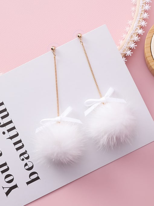 B white Alloy With Rose Gold Plated Cute Long Bow Hairball  Drop Earrings