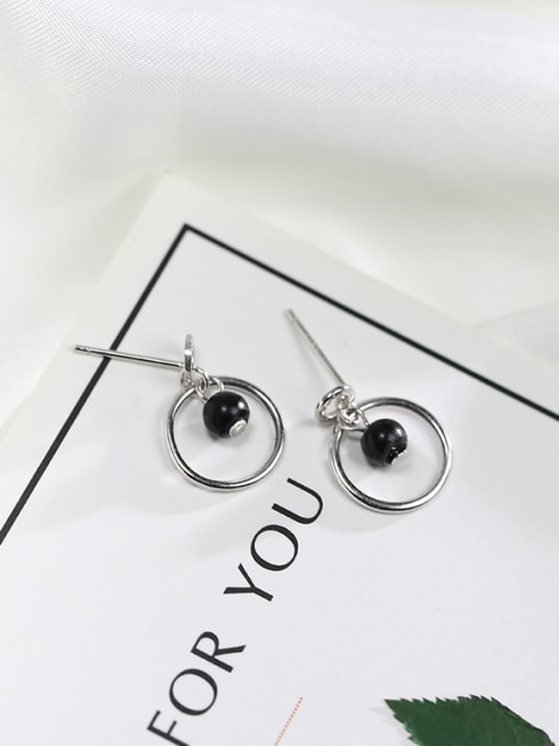 Peng Yuan Simple Black Bead Hollow Round 925 Silver Stud Earrings 3