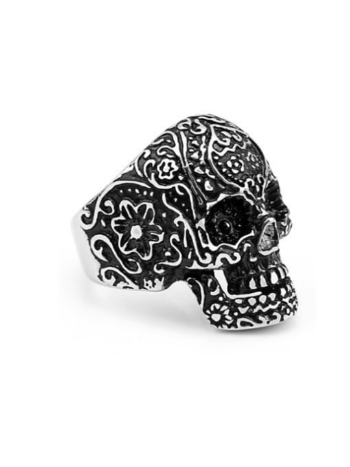 RANSSI Punk Carved Skull Statement Ring 0