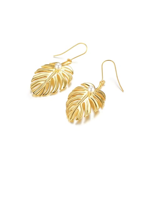 CONG Stainless Steel With Gold Plated Simplistic Leaf Hook Earrings 0