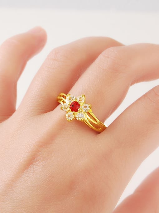 Yi Heng Da Women Luxury Flower Shaped Red Rhinestones Ring