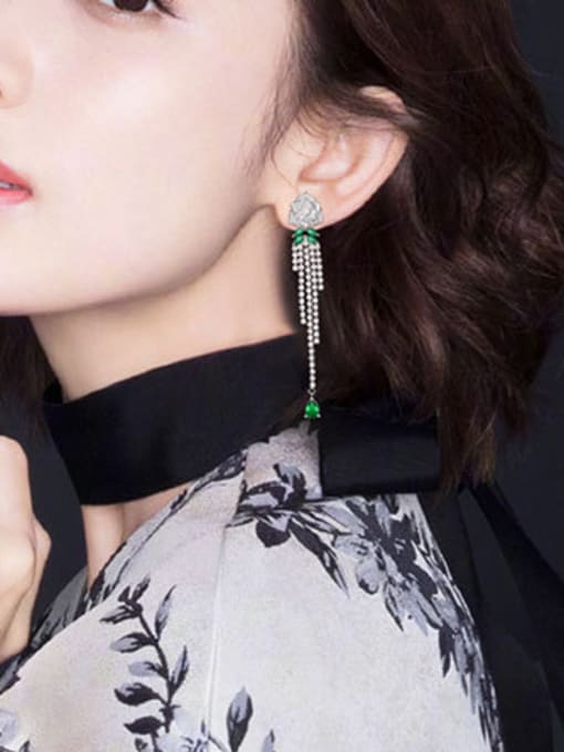 green Copper With  Cubic Zirconia Luxury Tassels Cluster Earrings