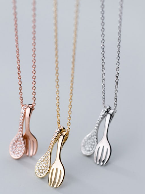 Rosh 925 Sterling Silver With Cubic Zirconia Personality ISpoon Fork Necklaces 1