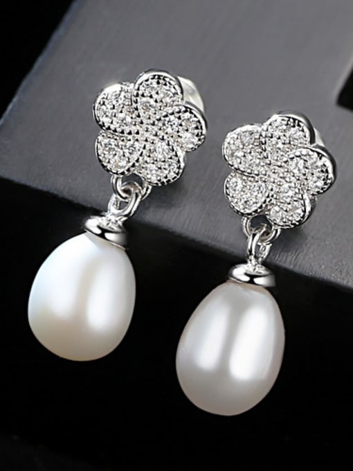 White Sterling silver micro-set AAA zircon 8-9mm natural pearl earrings
