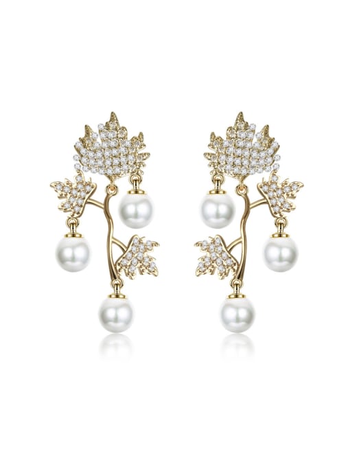 ALI New imitation pearl tassel micro-inlay zricon leaf earrings 0