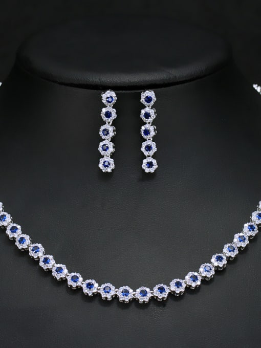 Blue Luxury Shine  High Quality Zircon Round Necklace Earrings 2 Piece jewelry set