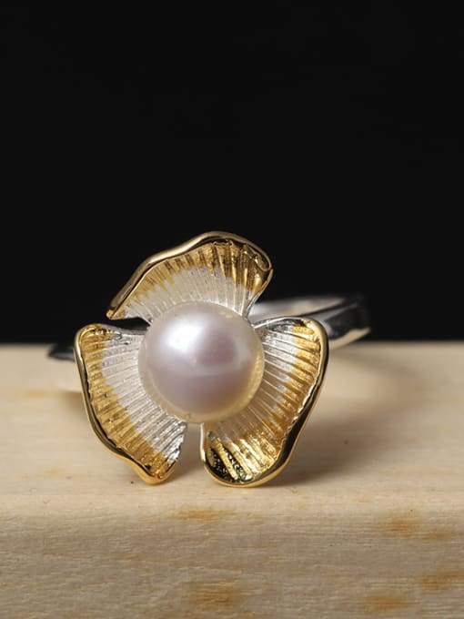 SILVER MI Color Plated Freshwater Pearl Open Ring 1