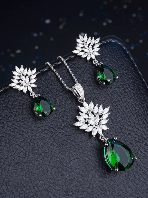 green+Earring/Necklace 2PCS Copper With Cubic Zirconia Delicate Water Drop 2 Piece Jewelry Set