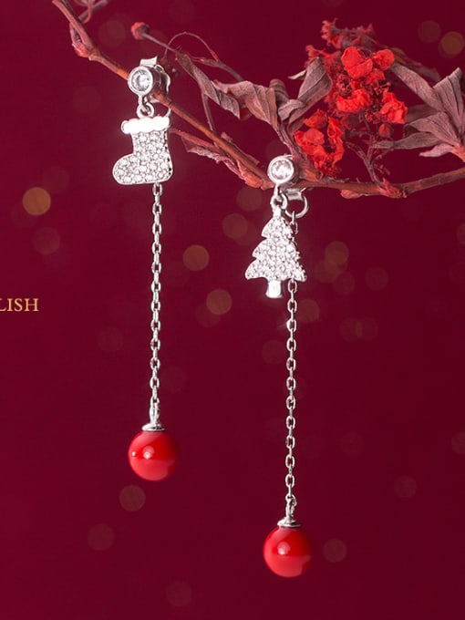 Rosh 925 Sterling Silver  Cute Asymmetrical Christmas Tree Boots Threader Earrings 0