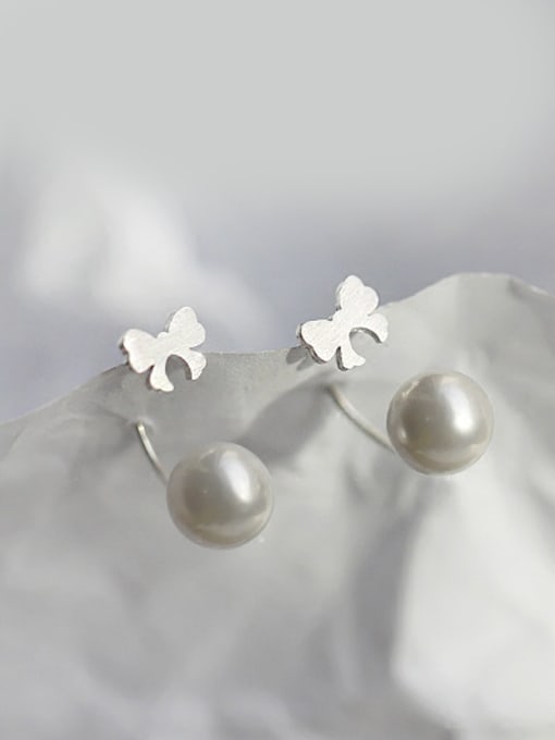 Peng Yuan Elegant Tiny Bow Artificial Pearl 925 Silver Stud Earrings 0