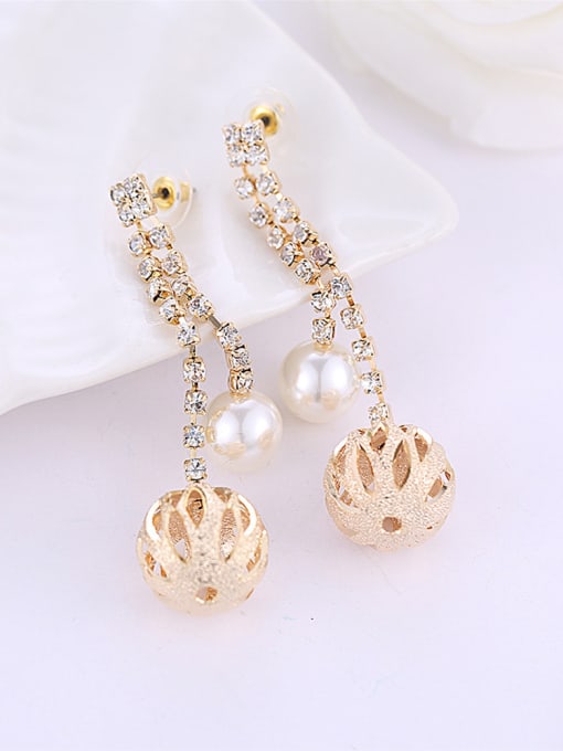 Wei Jia Fashion Hollow Ball Artificial Pearl Rhinestones Copper Drop Earrings 1