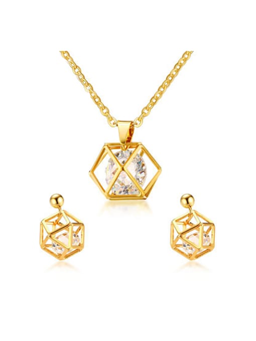 CONG Luxury Gold Plated Geometric Zircon Two Pieces Jewelry Set 0