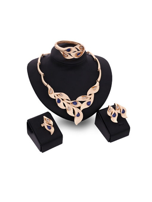 Blue Alloy Imitation-gold Plated Fashion Artificial Gemstones Leaves-shaped Four Pieces Jewelry Set