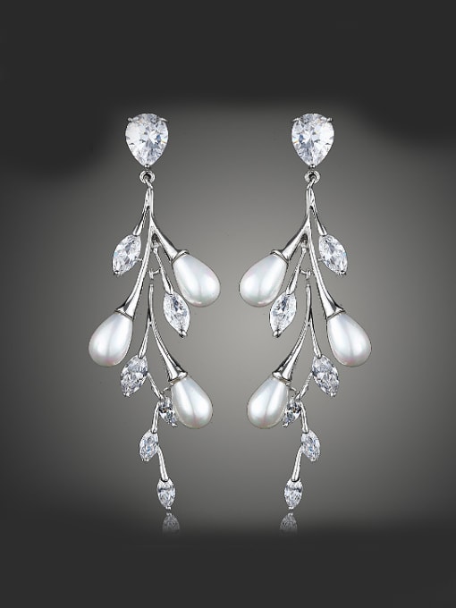 White Fashion Dendritic Leaves Artificial Pearls Zirconias Copper Drop Earrings