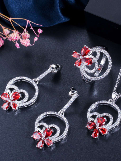 Red US 7 Copper With Cubic Zirconia  Delicate Flower 3 Piece Jewelry Set