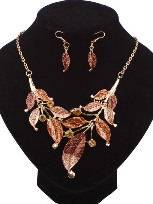 Qunqiu Retro Exquisite Leaves Pendant Cubic Rhinestones Alloy Two Pieces Jewelry Set 2