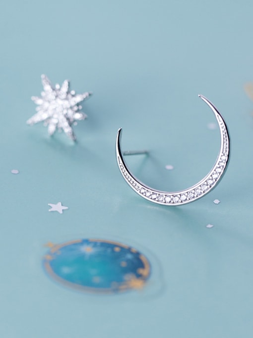 Rosh 925 Sterling Silver With Platinum Plated Simplistic Star Moon Stud Earrings 0