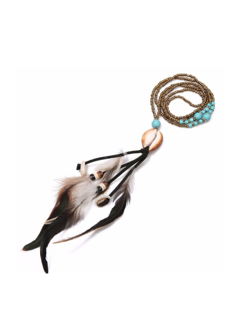 HN1669-D Retro Turquoise Feather Pendant Long Necklace