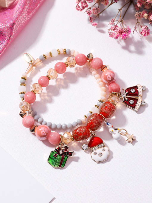 A Pink Alloy With Fresh and Sweet Santa Claus Bell Snowman Double Bracelet