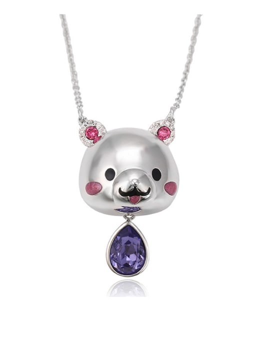Purple Copper Alloy White Gold Plated Cartoon Bear Crystal Necklace