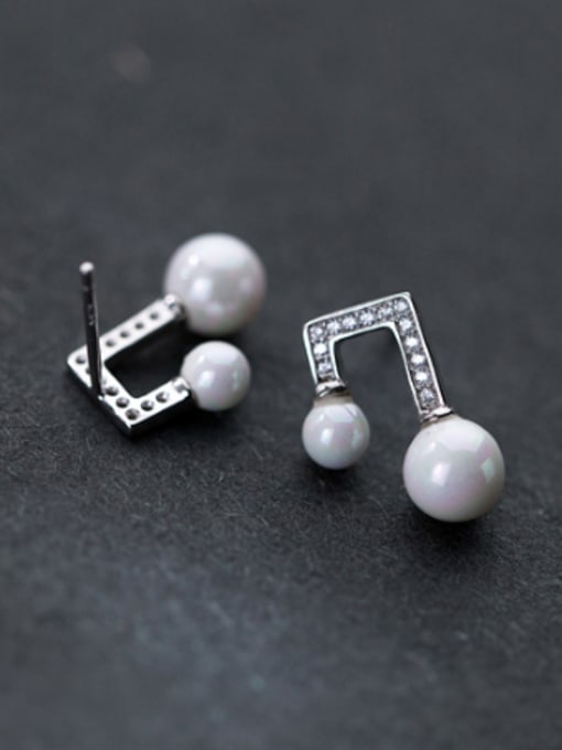 white Creative Note Shaped Artificial Pearl S925 Silver Drop Earrings
