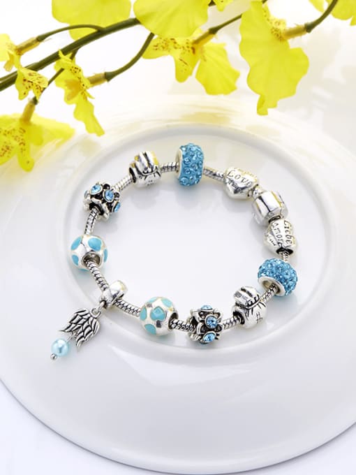 Silvery Elegant Blue Rhinestones Enamel Beaded Bracelet