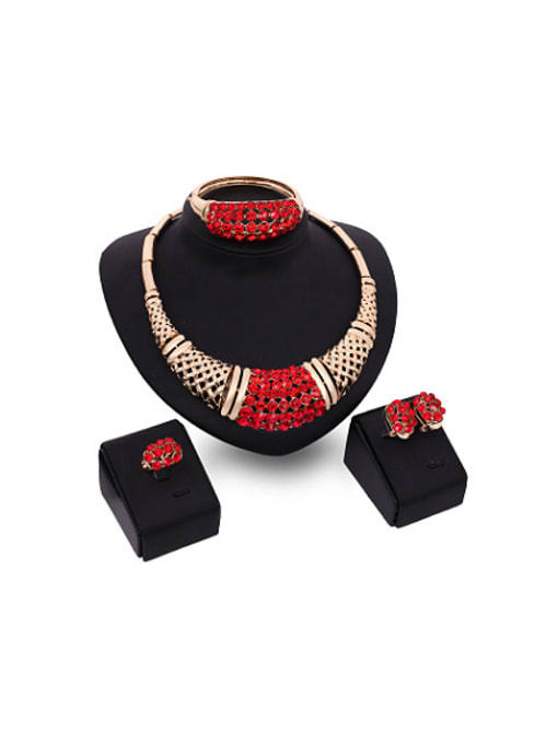 red Alloy Imitation-gold Plated Fashion Rhinestone Grid-shaped Four Pieces Jewelry Set