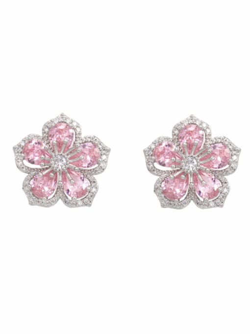 Platinum Pink Copper With Cubic Zirconia Cute Flower Stud Earrings