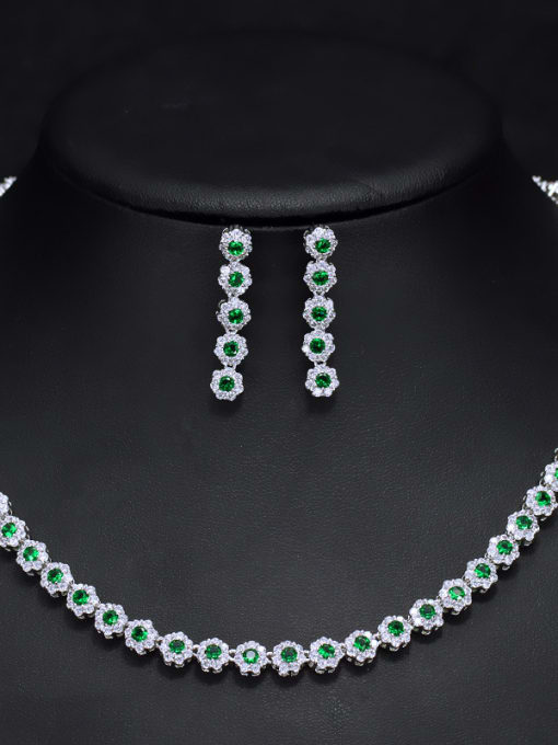 Green Luxury Shine  High Quality Zircon Round Necklace Earrings 2 Piece jewelry set