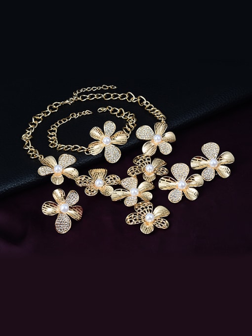 BESTIE Alloy Imitation-gold Plated Fashion Artificial Pearl Flower-shaped Hollow Petals Four Pieces Jewelry Set 1