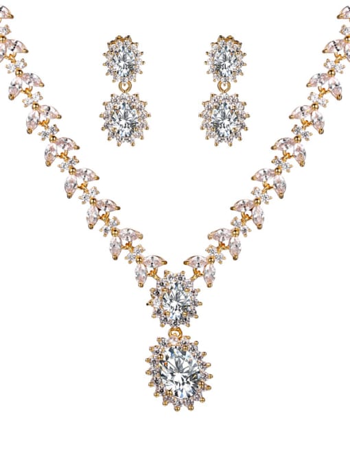 Mo Hai Copper With Cubic Zirconia Luxury Flower  Earrings And Necklaces 2 Piece Jewelry Set 4