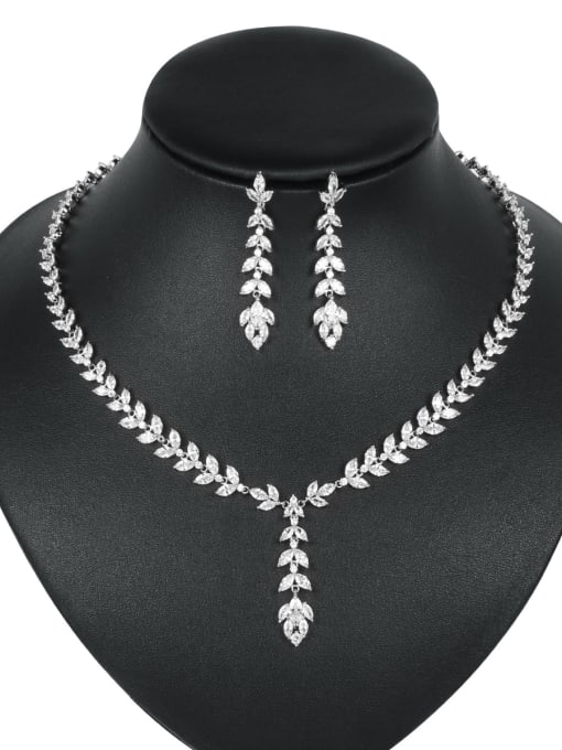 platinum Copper With Cubic Zirconia  Simplistic Leaf Earrings And Necklaces 2 Piece Jewelry Set