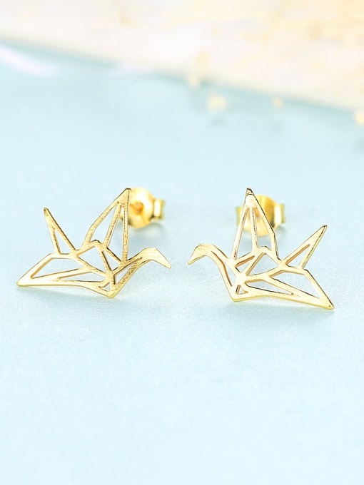 gold 925 Sterling Silver With Glossy  Simplistic Paper crane Stud Earrings