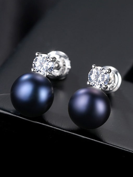 Black Sterling Silver classic natural pearl zircon Stud Earrings