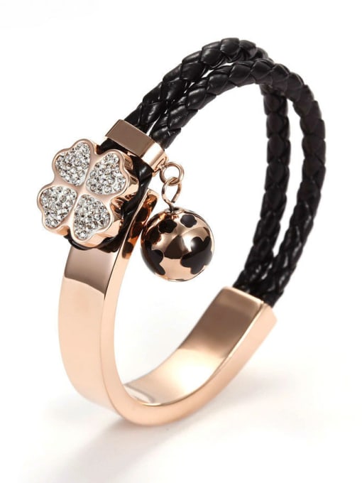 Rose Gold Black PU European And American Leather Woven Stainless Steel Titanium Bracelet