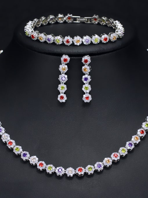 Color 3 Pieces Luxury Shine  High Quality Zircon Round Necklace Earrings bracelet 3 Piece jewelry set
