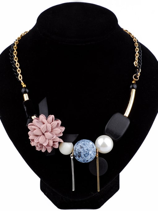 Pink Retro style Cloth Flower Wood Geometries Alloy Necklace